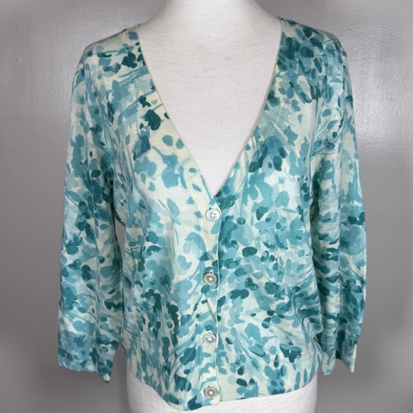 Talbots Sweaters - Talbots Teal Blue Feminine Floral 100% Merino Wool Size L Thin Cardigan Sweater
